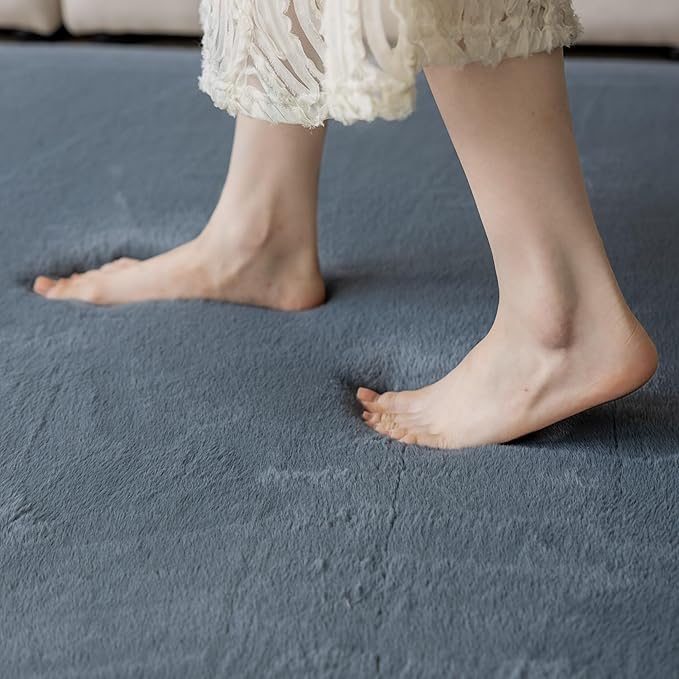 Faux Rabbit Fur Rug - 1.18" Thick Soft Fluffy Area Rug, Non-Slip Memory Foam Crawling Mat, Dark Gray, 59"x59"