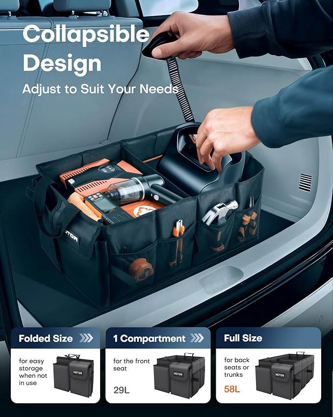 HOTOR Foldable Trunk Organizer - SUVs & Sedans, Sturdy Car Organization With 2 Compartments, Black, 23.6"×14.2"×10.6"