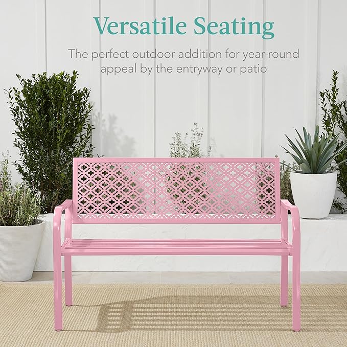 Best Choice Products Outdoor Bench 2-Person Metal Steel Benches Furniture for Garden, Patio, Porch, Entryway w/Geometric Backrest, 790lb Capacity - Pink