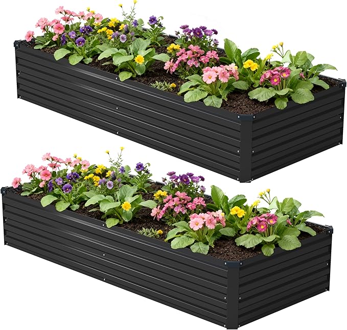 8x2x1ft(2 Pack) Galvanized Raised Garden Bed,Outdoor Planter Box Metal Patio Kit Planting Bed for Vegetables Flowers Herb,Black