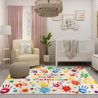 Colorful Kids Rug, Washable Rug for Kids, Handprints Area Rugs for Kids Bedroom, Non-Slip Play Mat Ultra Soft Thick Indoor Plush Rugs for Playroom Classroom Nursery Decor (59 X 39.4 INCH)
