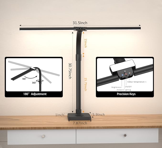 Double Head LED Desk Lamp, Architect Desk Lamps for Home Office, 24W Brightest Workbench Office Lighting-5 Color Modes and 5 Dimmable Eye Protection Modern Desk Lamp (Black-Desktop, Big)