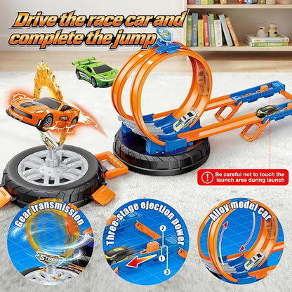 Topfresh 2026 Race Car Track Set Toy for Kids, Stunt Racing Playset with 360°Loop Car Track with Four 1:64 Scale Vehicles Gift Toys for Boys Girls Ages 3 4 5 6 7 8 (Upgrade)