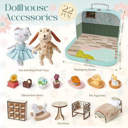 TUZT Portable Dollhouse Suitcase for Ages 3-8, Foldable Bedroom Playset with 21 Wooden Furniture, Cute Animal Dolls & Accessories, Travel-Friendly Pretend Play Toy