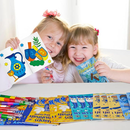 Cinrobiye 24 Set Happy Hanukkah Coloring Books Bulk Chanukah Activity Books Mini DIY Painting Drawing Set with Stackable Crayons for Festival of Lights Party Favor Gifts Goodie Bag Fillers