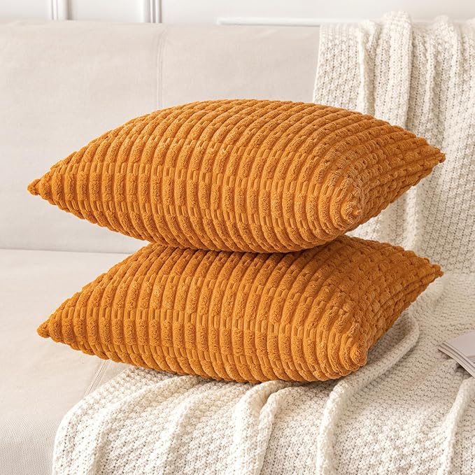 MIULEE Fall Pack of 2 Burnt Orange Corduroy Decorative Euro Sham Pillow Covers 24x24 Inch Soft Boho Striped Throw Pillow Covers Modern Farmhouse Home Decor for Sofa Living Room Couch Bed