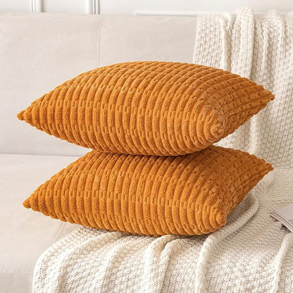 MIULEE Fall Pack of 2 Burnt Orange Corduroy Decorative Euro Sham Pillow Covers 24x24 Inch Soft Boho Striped Throw Pillow Covers Modern Farmhouse Home Decor for Sofa Living Room Couch Bed