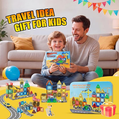 Magnetic Tiles - Construction Toys, Road Set Outdoor Travel Toys with Magnetic Crane & Car for Boys Age 3-5 4-8 8-10, Mini Magnet Building Blocks with Crane, Road, Traffic Lights, STEM Sensory Gifts