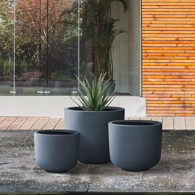 Kante 13",11",9" Dia Round Concrete Large Plant Pots Outdoor Indoor Planters Bowl with Drainage Hole for Patio, Set of 3,Charcoal