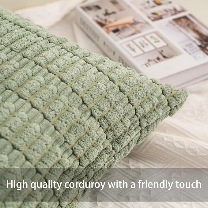Aegero Pack of 2 Corduroy Decorative Throw Pillow Covers 12x24 Inch Soft Striped Pillow Covers Modern Farmhouse Home Decor for Sofa Living Room Couch Bed（Sage Green）