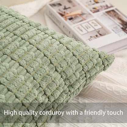 Aegero Pack of 2 Corduroy Decorative Throw Pillow Covers 12x24 Inch Soft Striped Pillow Covers Modern Farmhouse Home Decor for Sofa Living Room Couch Bed（Sage Green）