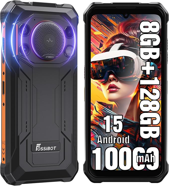 FOSSIBOT F110L Android 15 Rugged Smartphone, 12GB+128GB /2TB Rugged Call Phone, 10000mAh Unlocked Phone 128dB Loud Volume 6.745" 50MP Camera Waterproof Smartphone 4G Dual SIM/Camping Light