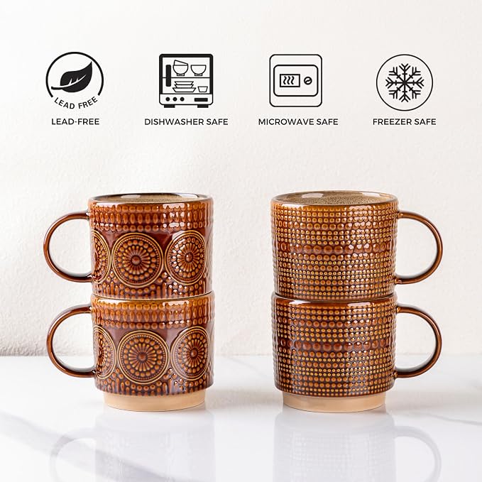 GBhome 12OZ Stackable Coffee Mugs, Ceramic Coffee Mugs with Texture Patterns for Man,Woman,Dad,Mom, Modern Coffee Mugs Set of 4 for Latte/Cappuccino/Cocoa. Dishwasher&Microwave Safe