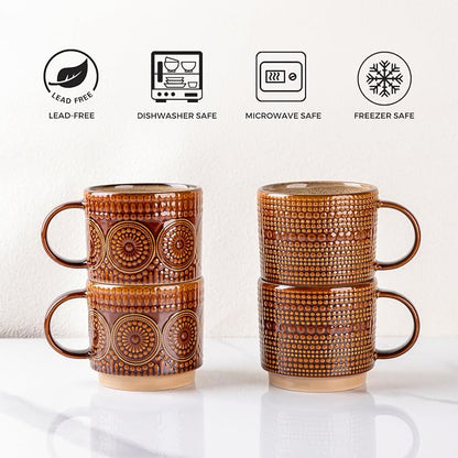 GBhome 12OZ Stackable Coffee Mugs, Ceramic Coffee Mugs with Texture Patterns for Man,Woman,Dad,Mom, Modern Coffee Mugs Set of 4 for Latte/Cappuccino/Cocoa. Dishwasher&Microwave Safe