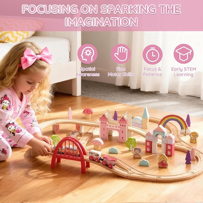 SainSmart Jr. Wooden Train Set 72 PCS Pink Train Set with Unicorn for Toddlers, Train Track Set Fit for Major Brands, Toddler Girl Toys with Castle - Ideal Train Toys Gift for 3 4 5 Year Old Girl