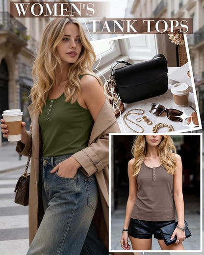 Ficerd 3 Pack Women's Henley Tank Tops Sleeveless Button Down Summer Shirts 2026 Casual Trendy Loose U Neck Tee Blouses