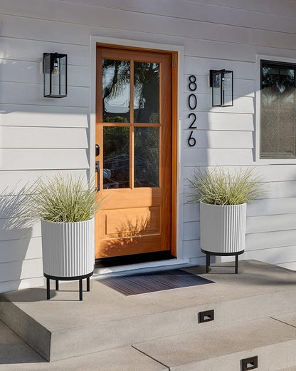 Veradek Demi Series Round Planter w/Stand for Porch/Patio | Durable Plastic-Stone Composite & Wooden Stand | Modern Décor for Tall Plants, Flowers