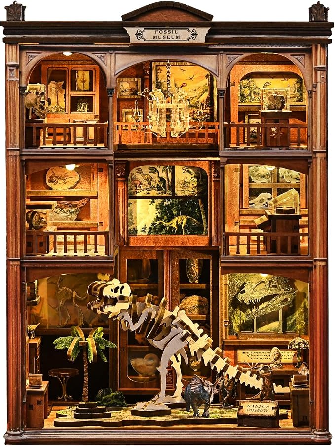 DIY Book Nook,with LED Light Bookshelf Decor, DIY 3D Wooden Dollhouse Puzzle, Craft Kit for Adults (Fossil Museum)