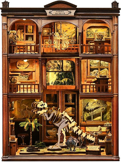 DIY Book Nook,with LED Light Bookshelf Decor, DIY 3D Wooden Dollhouse Puzzle, Craft Kit for Adults (Fossil Museum)