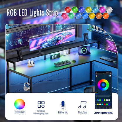 Pamray 64 Inch L Shaped Gaming Desk with Monitor Stand and Power Outlets | Large Corner Computer Desk With Pegboard & Led Lights USB Charging Ports for Home Office Study and Writing Bedroom and Dorms