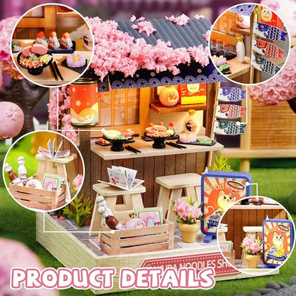 Kisoy Dollhouse Miniature with Furniture Kit, DIY 3D Wooden DIY House Kit with Dust Cover, Handmade Tiny House Toys for Teens Adults Gift (Sakura Noodles Shop)