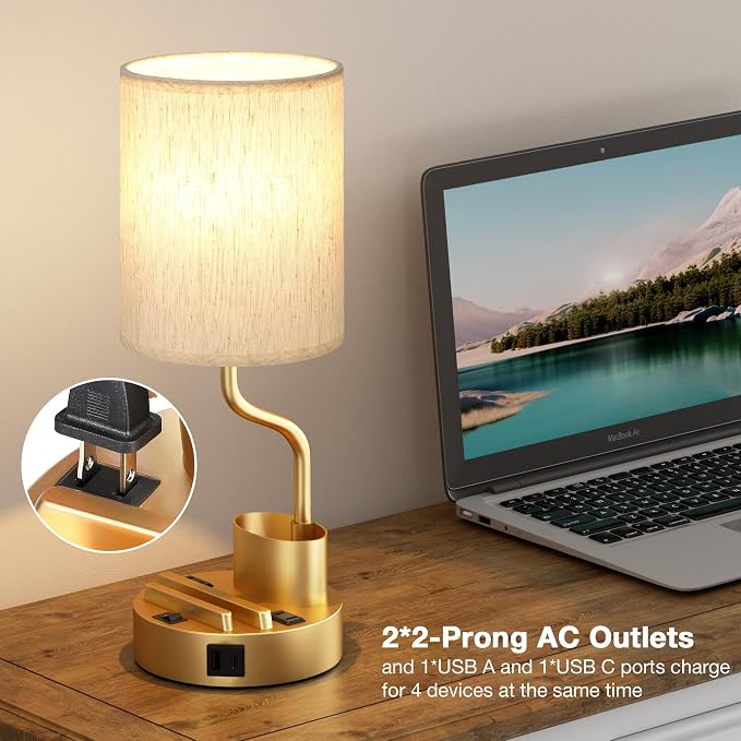 Fenmzee Bedside Lamps for Bedroom Set of 2 - Table Desk Lamp for Nightstand | 15" Table Lamp for Living Room with Pen Holder & Phone Stand, USB A+C Port, AC Outlet, 3 Color Temperature, LED Bulb Included
