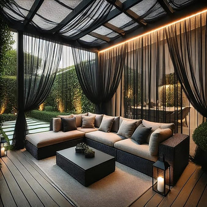 Extra Wide Outdoor Curtains Waterproof Black Voile Mesh Screen Lightweight Privacy Bug Netting for Patio Porch Balcony Pergola Terrace, W125 x L98 inch per Panel, 2 Panels