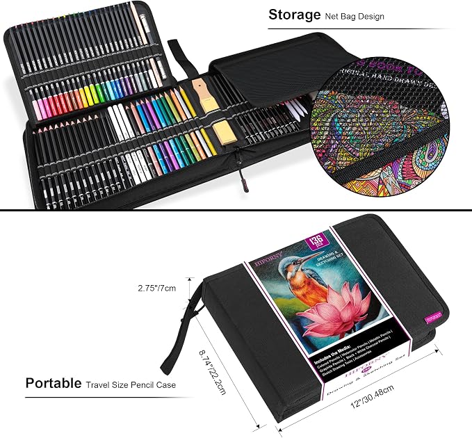HIFORNY 136 PCS Drawing & Sketching Set,Pro Art Supplies with Graphite,Charcoal,Colored,Watercolor,Metallic Pencils,Blending Tools,Sketchbook,Watercolor Book and Coloring Book in Zipper Case (Black)
