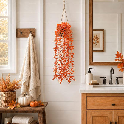 Der Rose 2Pcs Fake Fall Hanging Plants for Home Bathroom Wall Outdoor | Orange artificial hanging plants for autumn decor accents, fall bathroom and kitchen decor, porch, patio and covered decor