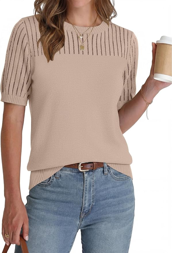Zeagoo Women's Short Sleeve Sweater Tops 2026 Spring Summer Crew Neck Hollow Out Blouses Dressy Business Casual Outfits