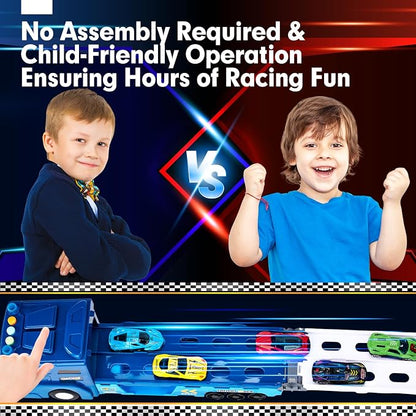 hahaland Toys for 3 Year Old Boy Gift - 2 in 1 Car Carrier Transforms into Race Tracks Toys with Dual Launcher Truck for Kids Ages 3-5 - Car Sets for Boys 3 Year Old Boy Gifts