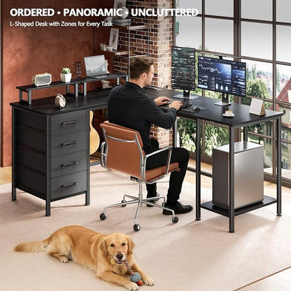 Korfile 59 inch L Shaped Computer Desk with Power Outlets, Black | Ideal for Home Office, Bedroom, Corner, 4 Adjustable Storage Drawers, 2 Monitor Stands, Reversible, Two Person Gaming Table