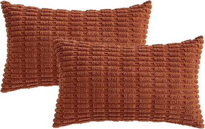 MIULEE Fall Pack of 2 Dark Rust Corduroy Decorative Lumbar Pillow Covers 20x12 Inch Soft Boho Striped Throw Pillow Covers Modern Farmhouse Home Decor for Sofa Living Room Couch Bed