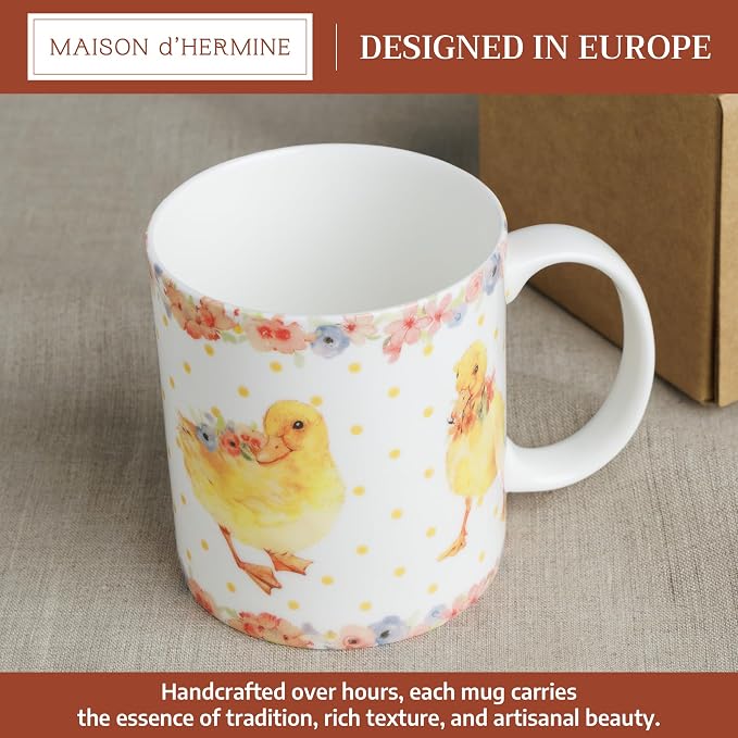 Maison d' Hermine Coffee Mug with Handles Tea Cups (15 Ounce, Pack of 2) | Fine Bone China Coffee Mugs for Hot Beverages Cappuccino Latte Home Restaurant Hotel Spring Summer -Ducklings In Spring