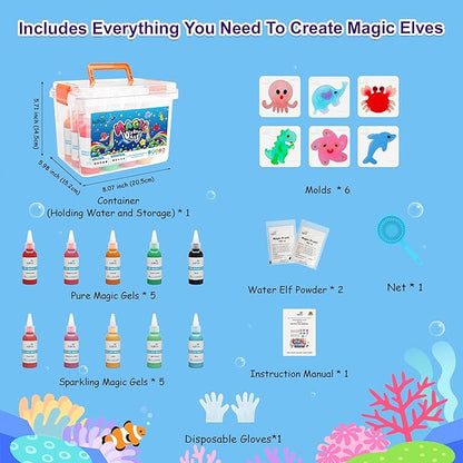 Kiditos Magic Water Elf Toy Kit for Kids, Make Your Own Magic Water Pets, DIY Sensory Craft Kit with 10 Magic Gels & 6 Molds, STEM Science Activity, Party Favors & Birthday Gifts for Kids Ages 3+