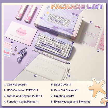 YUNZII C75 Cute 75% Wireless Mechanical Keyboard (Purple, Candy Switch) | Creamy Cake Keyboard, BT5.0/2.4G/USB-C, Hot-Swap, NKRO, PBT MOA Keycaps,5500mAh RGB Gasket Mount for Mac/Win/Gaming/Office