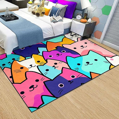 Cat Rug for Girls Bedroom - Cat Area Rug Cartoon Cat Rug Carpet for Kids Room Cute Cat Rugs Room Decor Colorful Anime Rug with Cat Printed, 3x5 Feet
