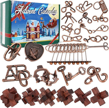 Advent Calendar 2025, Christmas Countdown Calendar Gift Box with 24 Brain Teaser Puzzles, 24 Days Metal & Wood Brain Teaser Puzzles Xmas Countdown Calendar Challenge for Adults Teens Boys Girls