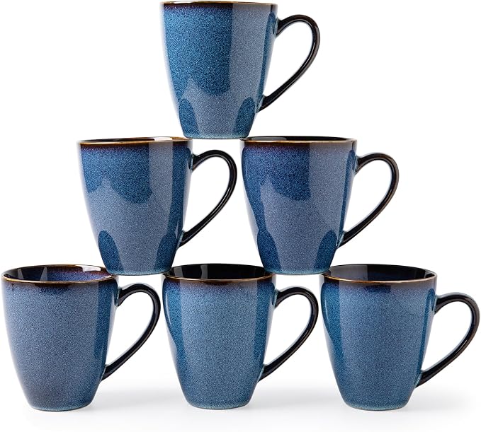 MONITO 17 OZ Coffee Mugs Set of 6, Large Ceramic Blue Coffee Mugs Set with handle for Tea/Latte/Milk/Cocoa, Funny Tea Cups for Office and Home, Engagement Gifts. (Starry Blue)