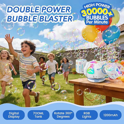 Bubble Machine with Remote Control, 360° Auto Rotation 30000+ Big Bubbles Multicolor LED Lights, Rechargeable Bubble Machine for Parties Birthday Wedding Boys Girls Indoor Outdoor