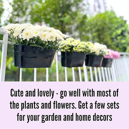 LaLaGreen Rail Planter Outdoor Plants(5 Pack, 11.8 Inch) Black Metal Iron Hanging Flower Pots Deck Railings Fence Buckets Modern Countryside Boho Style Wall Mount Window Box Plant Holder Porch Decor