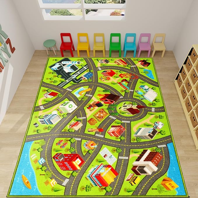 Kids Rugs Traffic Road Carpet for Car City Map Play Rug 3.3'×5' for Playroom Educational Mat Area Rug, Kid Playtime Collection Toddler Car Track Rug Cute Cartoon (City Road A, 39.4×59 in)