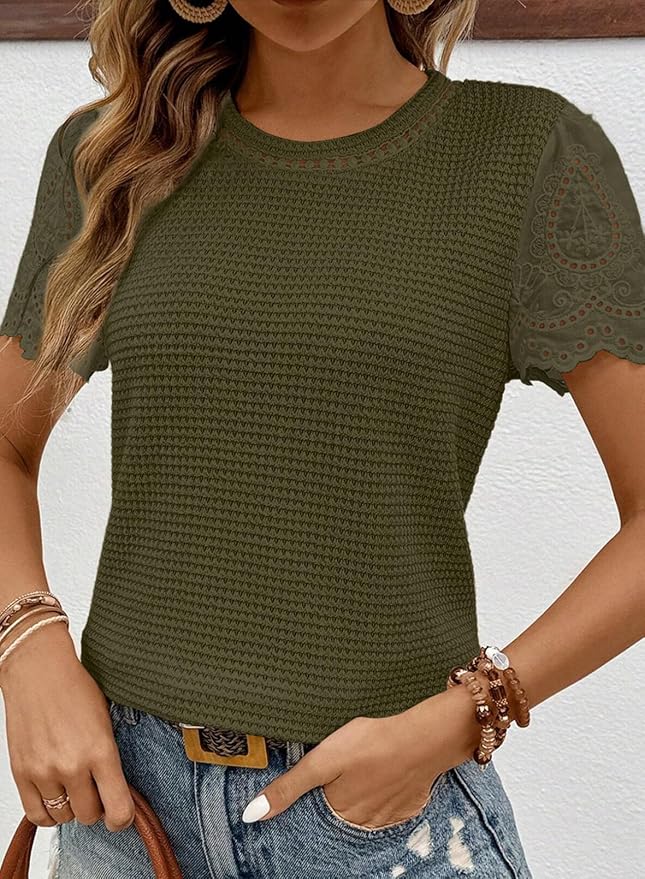 SHEWIN Womens Frenchy Summer Tops Crewneck Short Sleeve T Shirts Casual Waffle Knit Jacquard Blouses Top Shirts