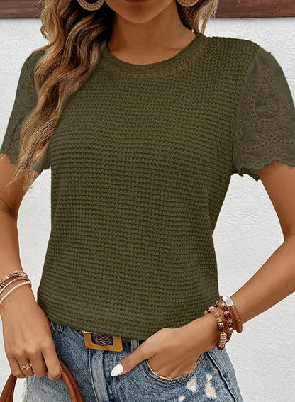 SHEWIN Womens Frenchy Summer Tops Crewneck Short Sleeve T Shirts Casual Waffle Knit Jacquard Blouses Top Shirts