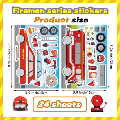 24 Sheets Truck Stickers for Kids, Make a face Sticker, Make Your Own Fire Truck Stickers with 8 Designs Fire Themed Truck for Kindergarten Birthday Gift Classroom Fire Party Favors