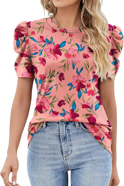 Ivicoer Puff Short Sleeve Shirt for Women Eyelet Tops Summer Crewneck Blouse Loose Fit S-XXL