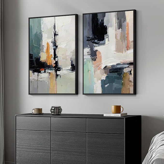 Large Framed Colorful Abstract Wall Art, Set of 2 Modern Canvas Prints Paintings Artwork for Walls, Bright Blue Green Multicolor Pictures for Living Room Hallway Dining Bedroom Wall Decor 20x30 In
