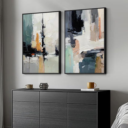 Large Framed Colorful Abstract Wall Art, Set of 2 Modern Canvas Prints Paintings Artwork for Walls, Bright Blue Green Multicolor Pictures for Living Room Hallway Dining Bedroom Wall Decor 20x30 In