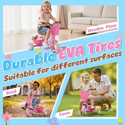 Kkdi Toddler Tricycle for 1-3 3-5 Year Olds, 2 3 4 5 Year Old Girl Birthday Gifts, Pink Toddler Baby Bike, Outdoor Riding Toys for Ages 2-4, 4-Level Adjustable Seat, 3 Color Light Wheels, 2 Baskets