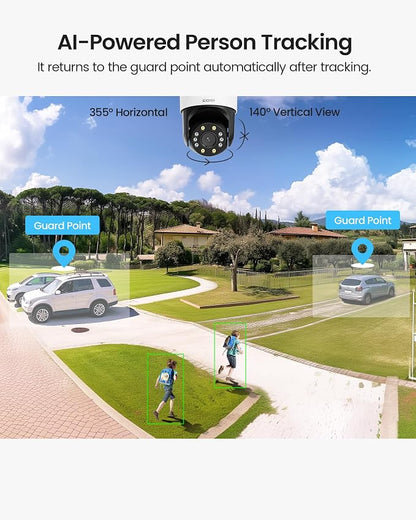 ZOSI C298 4MP Dual-Lens(2MP+2MP) Wired WiFi PT Plug-in Security Camera Outdoor, 360 View Pan/Tilt Camera, Human/Vehicle Detect, Color Night Vision, Spotlight Siren,Two-Way Talk, Memory Card Storage